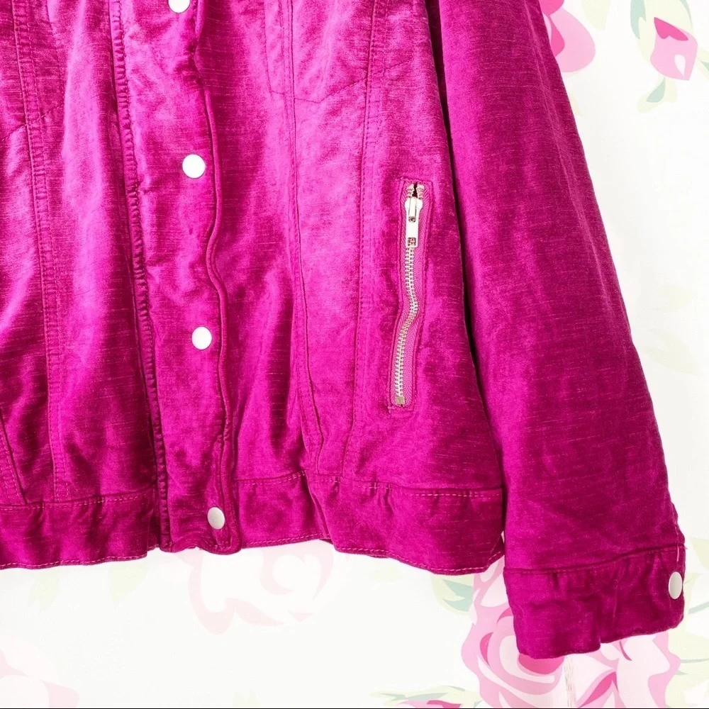 NEW Free People Magenta Pink Velvet Trucker Oversized Jacket M L